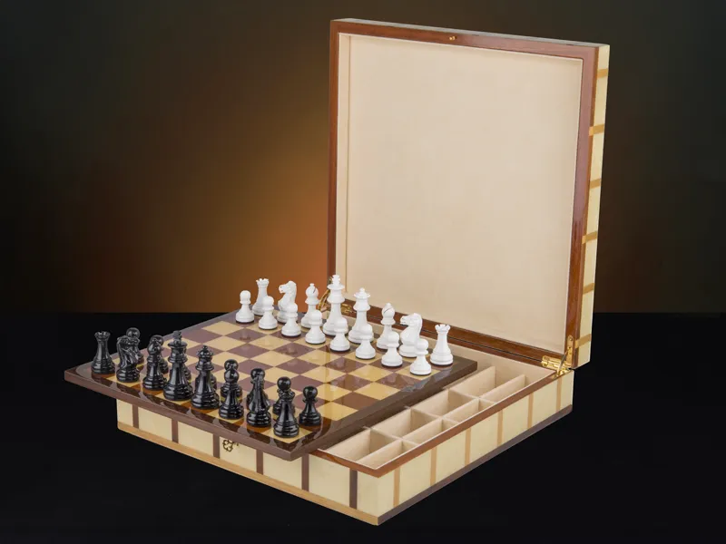 Sofia inlaid wood chess box with chessboard with chess pieces