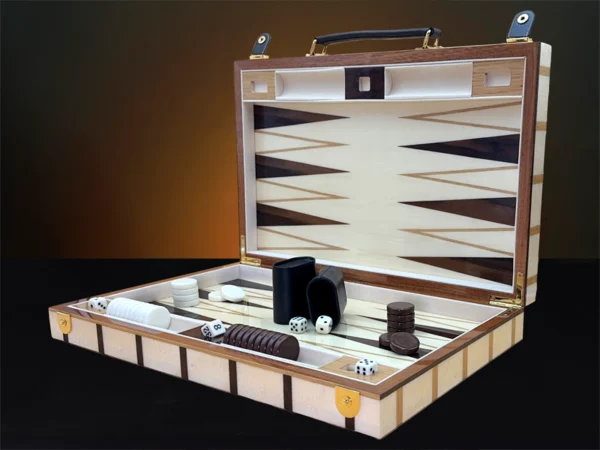 Sofia Luxury Backgammon Set open with standard playing pieces