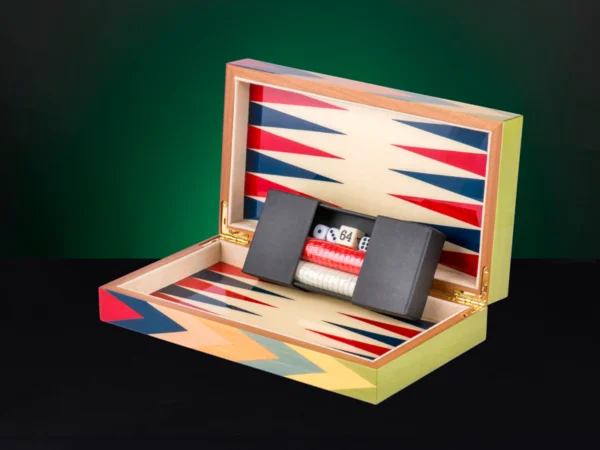 Zag Luxury Travel Backgammon Set open with accessories inside