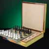 Zag inlaid wood chess box with chessboard with chess pieces