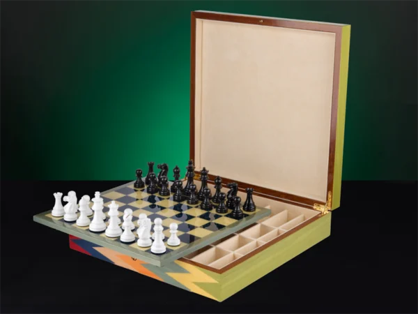 Zag inlaid wood chess box with chessboard with chess pieces