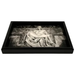 Bring timeless elegance to your space with this Black Decorative Serving Tray with Pietà Photo. Showcasing a monochrome print of Michelangelo’s masterpiece, ideal for serving or as an artful home accent.
