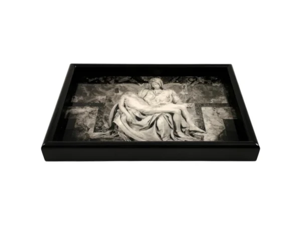 Bring timeless elegance to your space with this Black Decorative Serving Tray with Pietà Photo. Showcasing a monochrome print of Michelangelo’s masterpiece, ideal for serving or as an artful home accent.