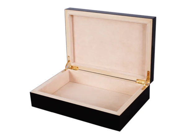 Diva Black Jewellery Box, Black Lacquered Basswood with Beige Velvet Interior size large open box