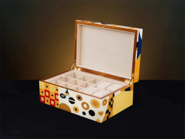Klimt Inspired Luxury Jewelry Box – Large Wooden Inlay Design - Cufflinks with watches