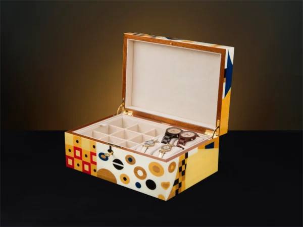 Klimt Inspired Luxury Jewelry Box – Large Wooden Inlay Design - Cufflinks with watches v2
