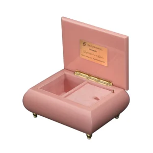 Ercolano Garden Joy music box open – pink velvet interior, gold hinge, branded plate, wind-up musical movement jewelry box