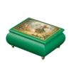 Ercolano wooden music box "A Serenade in Bloom" – emerald green lacquer, Victorian violinist in garden artwork on lid, gold brass feet