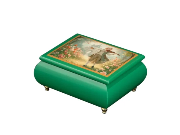 Ercolano wooden music box "A Serenade in Bloom" – emerald green lacquer, Victorian violinist in garden artwork on lid, gold brass feet