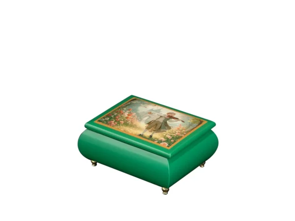 A Serenade in Bloom – Ercolano Italian Music Box green music jewelry box – glossy emerald finish, Victorian garden violin scene on lid, luxury gift for her