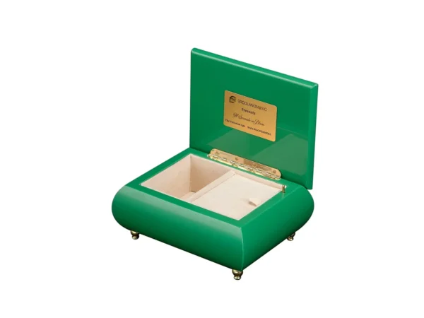 Open view of Ercolano "A Serenade in Bloom" music box – cream velvet lining, ring holder, gold hinge, Ercolano Music plaque – The Victorian Age collection