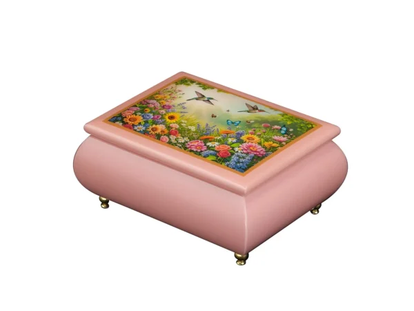 Ercolano Floral Fantasy pink wooden music box with hummingbird flower garden artwork – handcrafted jewelry music box gift for her