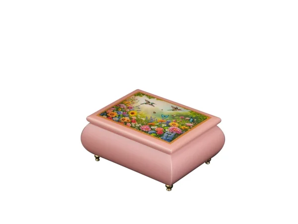 Floral Fantasy – Ercolano Italian Music Box lacquered pink music box with gold feet – luxury wooden jewelry box with wind-up musical movement