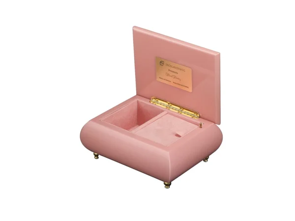 Ercolano Floral Fantasy music box open – pink velvet interior, gold hinge, branded plate, wind-up musical movement jewelry box