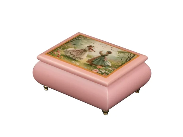 Victorian Serenade pink wooden music box isometric view – Victorian women violinist garden scene handcrafted luxury jewelry box