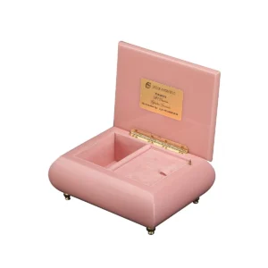 Ercolano Garden Serenade music box open – pink velvet interior, gold hinge, branded plate, wind-up musical movement jewelry box