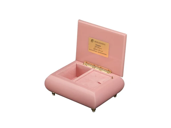 Ercolano Garden Serenade music box open – pink velvet interior, gold hinge, branded plate, wind-up musical movement jewelry box