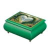 Heart of the Forest – Ercolano Italian Music Box emerald green lacquer finish, heart-shaped floral waterfall artwork on lid, gold brass feet