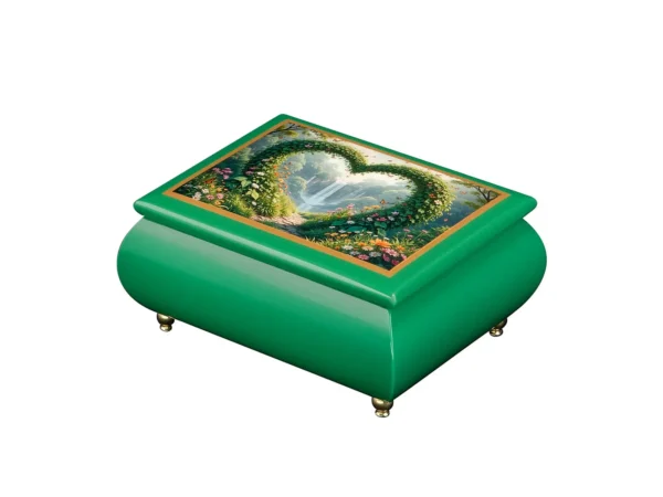Heart of the Forest – Ercolano Italian Music Box emerald green lacquer finish, heart-shaped floral waterfall artwork on lid, gold brass feet