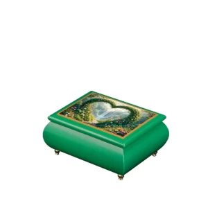Ercolano "Heart of the Forest" green music jewelry box – glossy emerald finish, nature-inspired heart floral lid panel, gift for her