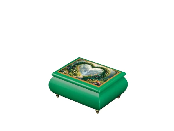 Ercolano "Heart of the Forest" green music jewelry box – glossy emerald finish, nature-inspired heart floral lid panel, gift for her