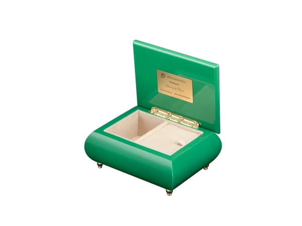 Open view of Ercolano "Heart of the Forest" music box – cream velvet lining, ring holder, gold hinge, Ercolano Music branded plaque – Myths of Nature collection