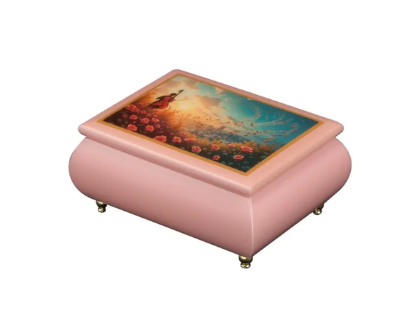 Ercolano Symphony of Souls lacquered pink music box with gold feet – luxury wooden jewelry box with musical movement
