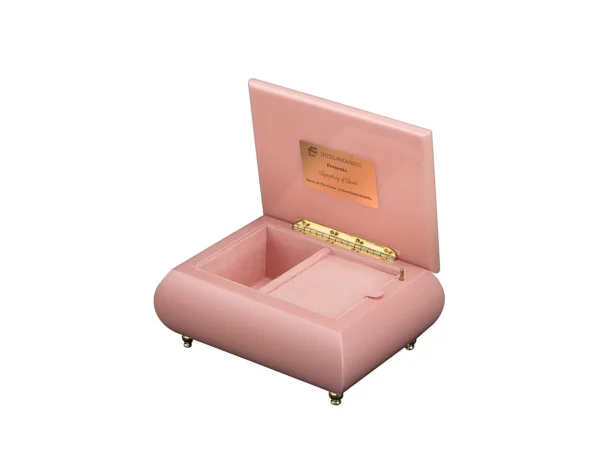 Ercolano Symphony of Souls music box open – pink velvet interior, gold hinge, branded plate, wind-up musical movement jewelry box
