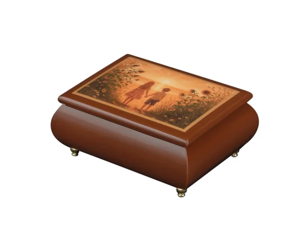 Ercolano Golden Sunset Dreams walnut wooden music box with children sunset sunflower field artwork – handcrafted jewelry music box gift