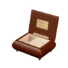 Ercolano Golden Sunset Dreams music box open – cream velvet interior, gold hinge, branded plate, wind-up musical movement jewelry box