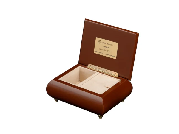 Ercolano Golden Sunset Dreams music box open – cream velvet interior, gold hinge, branded plate, wind-up musical movement jewelry box