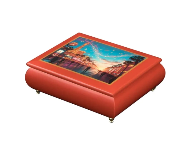Ercolano Melody of the Neon City red wooden music box with neon cityscape Las Vegas artwork – handcrafted jewelry music box gift