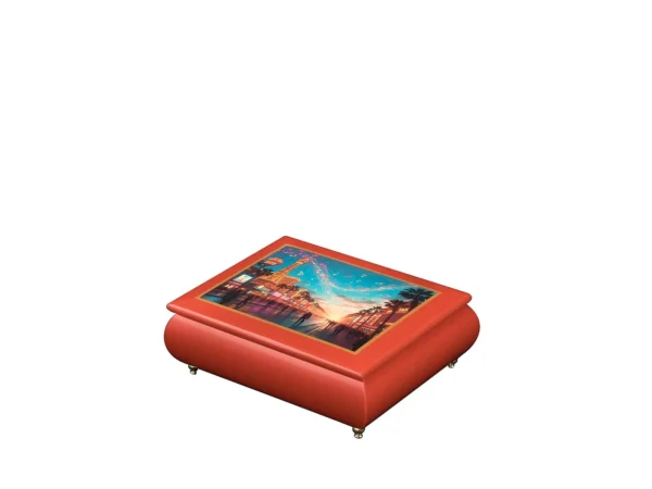 Melody of the Neon City – Ercolano Italian Music Box lacquered red music box with gold feet – luxury wooden jewelry box with wind-up musical movement