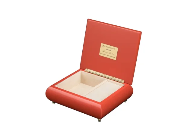 Ercolano Melody of the Neon City music box open – cream velvet interior, gold hinge, branded plate, wind-up musical movement jewelry box