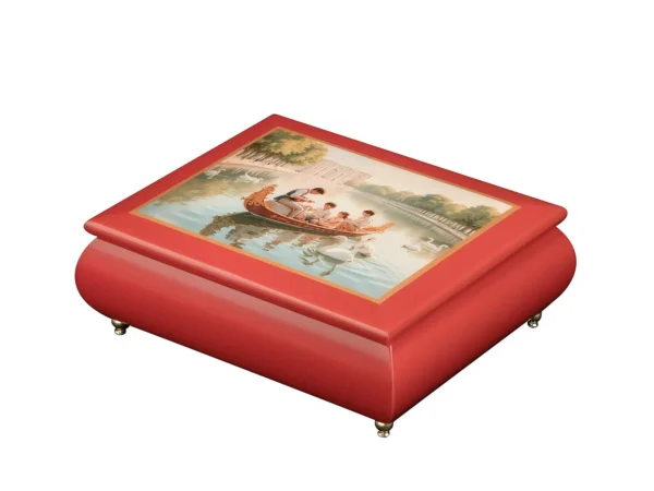 Ercolano Royal Boat Ride red wooden music box with Victorian swan lake boat artwork – handcrafted luxury jewelry music box gift