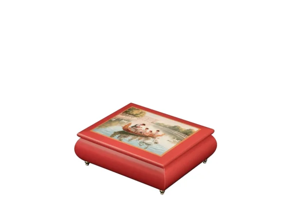 Royal Boat Ride – Ercolano Italian Music Box lacquered red music box with gold feet – luxury wooden jewelry box with wind-up musical movement