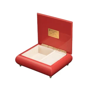 Ercolano Royal Boat Ride music box open – cream velvet interior, gold hinge, branded plate, wind-up musical movement jewelry box