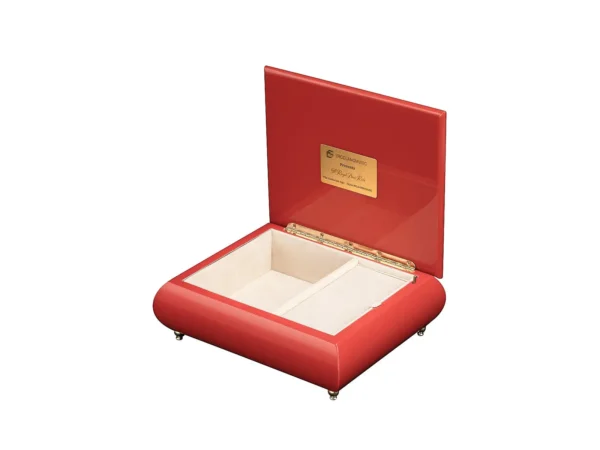 Ercolano Royal Boat Ride music box open – cream velvet interior, gold hinge, branded plate, wind-up musical movement jewelry box