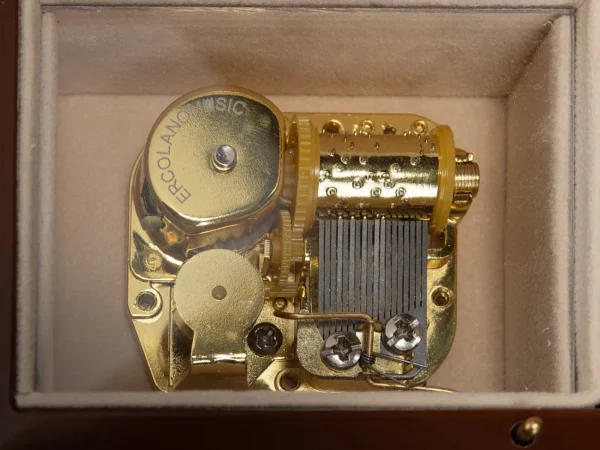 Another Close-up of gold-plated 18-note musical movement inside Ercolano "London's Autumnal Dream" music box – precision Swiss-style mechanism