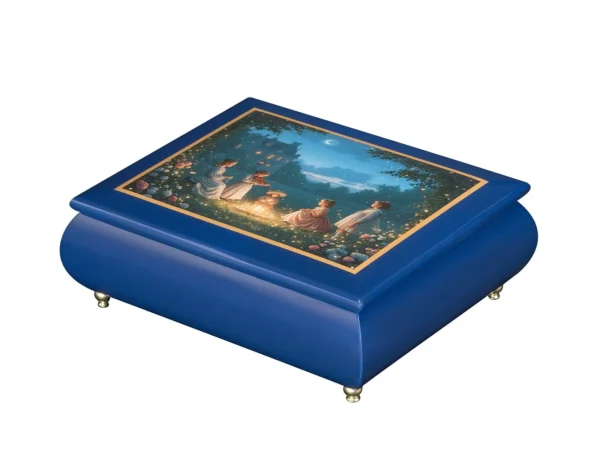 blue wooden music box with Victorian moonlight lantern garden artwork – handcrafted luxury jewelry music box gift