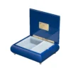 A MoonLight Serenade music box open – velvet interior, gold hinge, branded plate, wind-up musical movement jewelry box