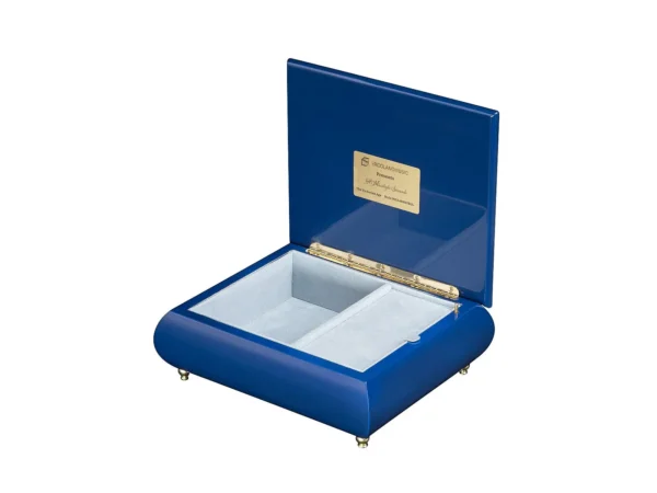 A MoonLight Serenade music box open – velvet interior, gold hinge, branded plate, wind-up musical movement jewelry box