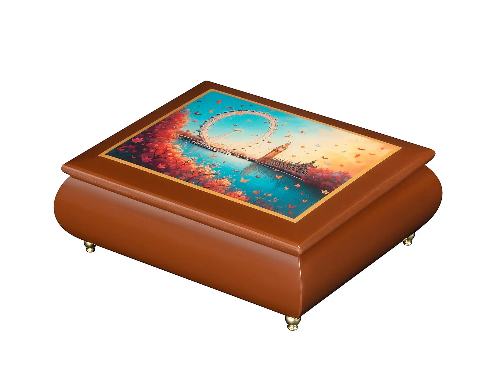 "London's Autumnal Dream – Ercolano Italian Music Box"" – cherry finish, London Eye and Big Ben autumn artwork on lid, gold brass feet