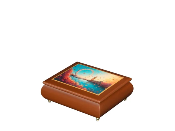 London's Autumnal Dream – Ercolano Italian Music Box wooden music jewelry box – glossy cherry wood, decorative London skyline lid panel, gift for her