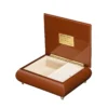 Inside view of Ercolano "London's Autumnal Dream" music box – cream velvet lining, ring holder, gold hinge, Ercolano Music branded plaque
