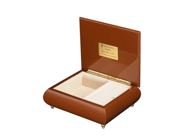 Inside view of Ercolano "London's Autumnal Dream" music box – cream velvet lining, ring holder, gold hinge, Ercolano Music branded plaque