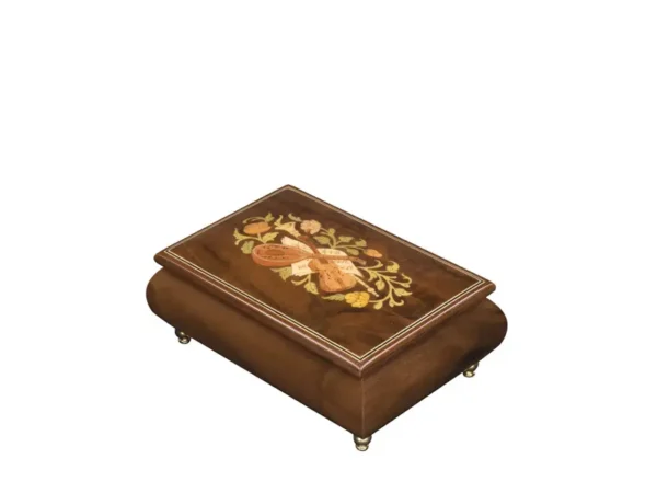 Ercolano Inlaid Music Box 416 Violin – walnut brown finish, hand-crafted violin and floral marquetry on lid, gold brass feet