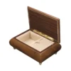 Open view of Ercolano Inlaid Music Box 416 Violin – walnut brown body, cream velvet lining, ring holder, ornate gold hinge