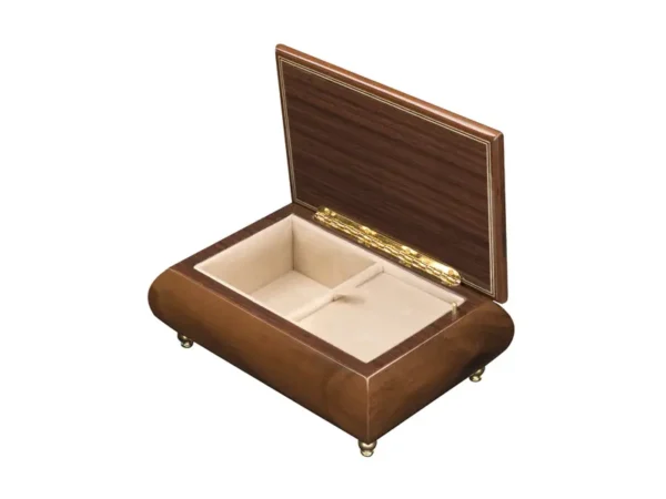 Open view of Ercolano Inlaid Music Box 416 Violin – walnut brown body, cream velvet lining, ring holder, ornate gold hinge
