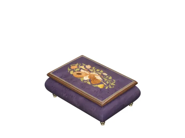 Inlaid Music Box 416 Violin - Ercolano Italian Music Box – deep purple burl finish, hand-crafted violin wood inlay on lid, gold brass feet